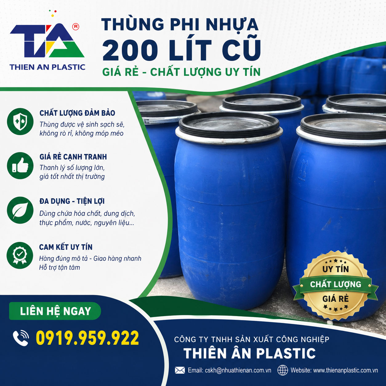 Thùng phi nhựa 200 lít cũ giá rẻ, chất lượng uy tín năm 2026